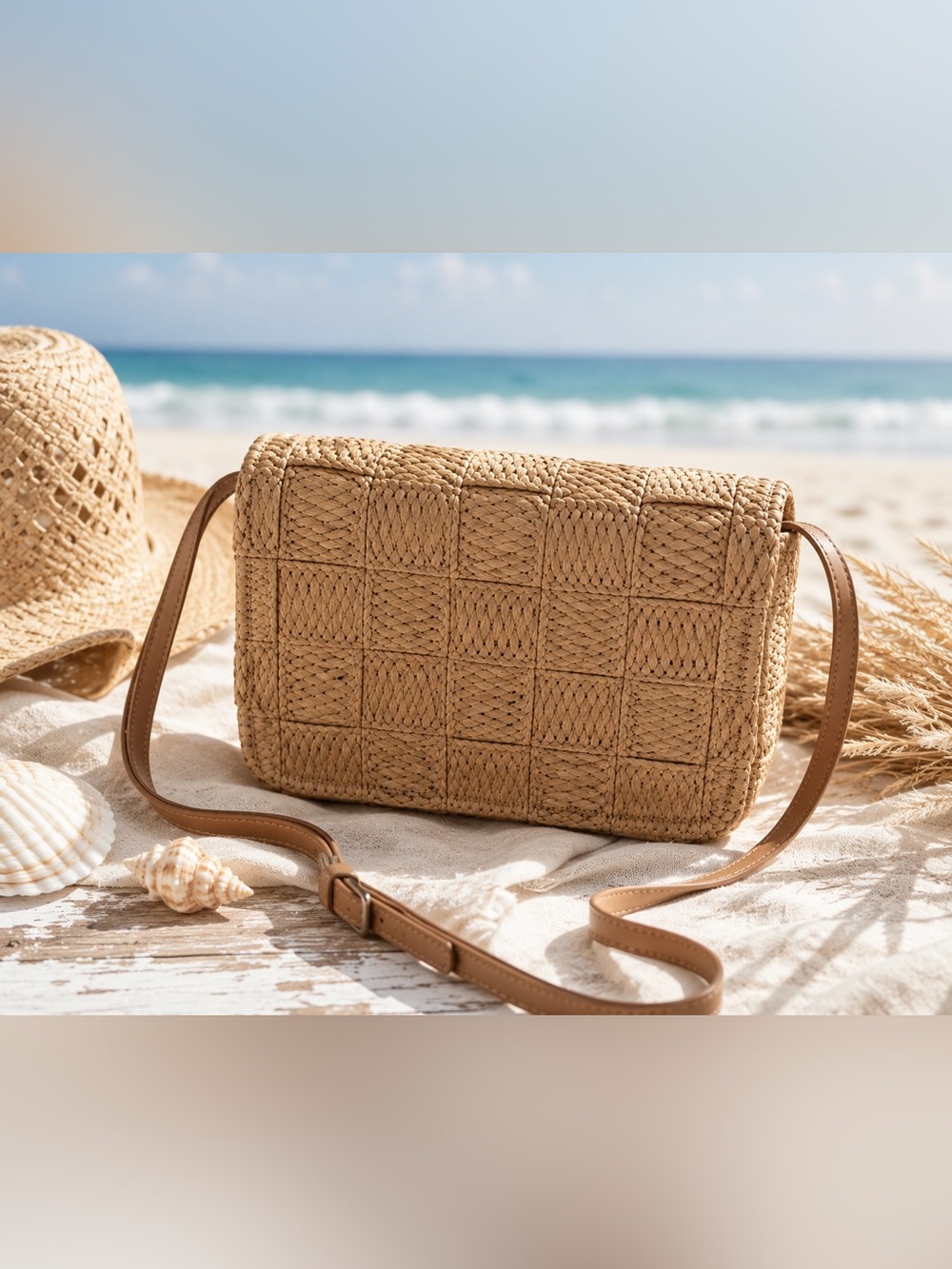 Woven Raffia Straw Crossbody Bag Coastal Grandmillennial Boho Beach Vacation H&M